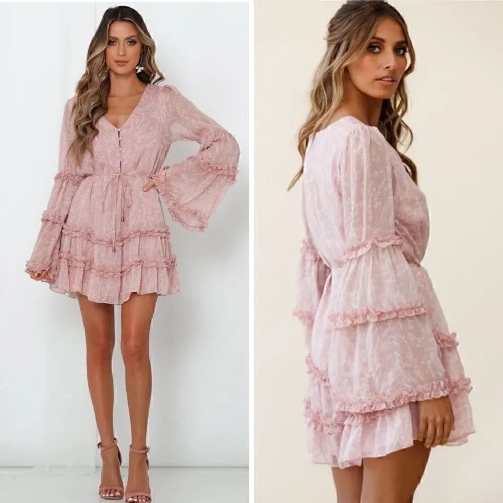 CUPSHE Pink Floral Long Sleeve Ruffle Frill Mini Dress | SZ S